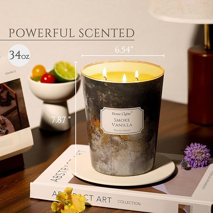 HomeLights Large jar Candle | 3-Wick Long-Lasting Scented Candles, 34oz Natural Soy Wax Candle for Home Scented, Industrial Chic Gifts for Women & Men, Smoke Vanilla