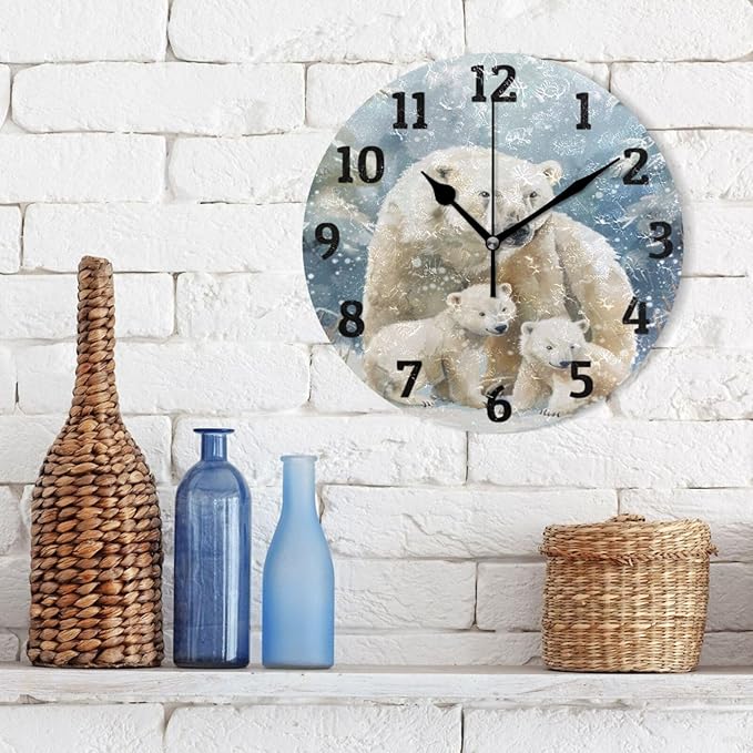 Wall Clock Polar Bear Silent Non Ticking Wall Clock Decorative Battery Operated Wall Clocks for Home Kitchen Bedroom Living Room Office