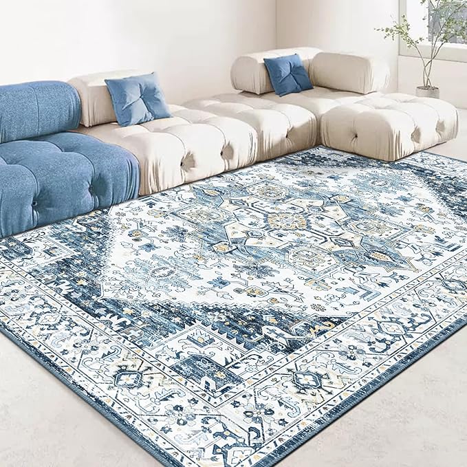 8x10 Area Rugs for Living Room, Machine Washable Non Slip Vintage Retro Rugs, Low Pile Lightweigt Chenille Print Indoor Rug for Bedroom, Dining Room, Home Office (Blue Gold Cream 8X10)…