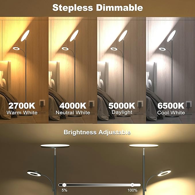 Floor Lamps for Living Room Bedroom, 42W/4300LM Super Bright LED Floor Lamp with Remote and Touch Control, Stepless Dimmable, 69" Tall Standing Lamp with Gooseneck Reading Light for Hotel Office