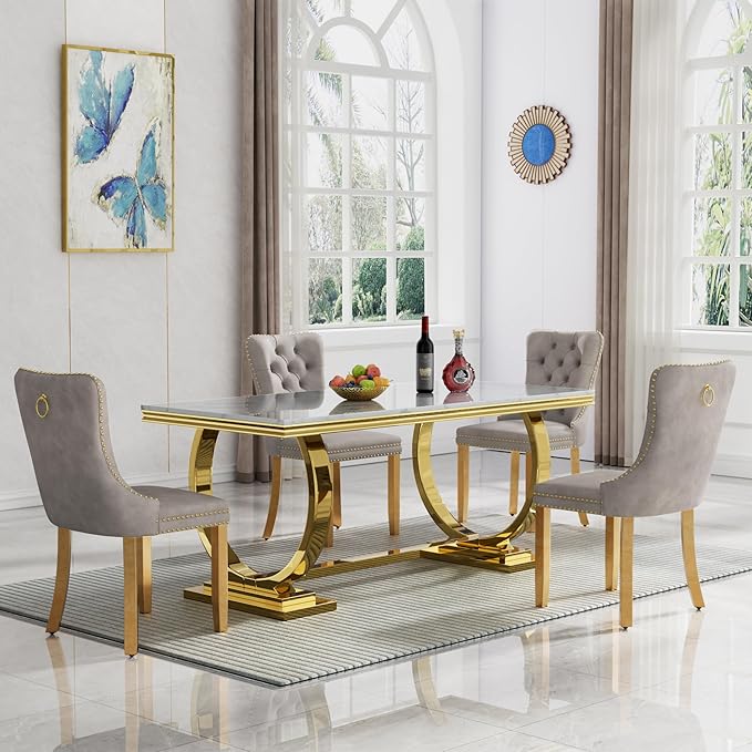 Goujxcy 5 Piece Marble Dining Table Set for 4, Luxury White Marble Gold Kitchen Table with 4 Grey Velvet Upholstered Chairs, Modern 4 Person Dining Room Table Set for Kicken Dining Office Room
