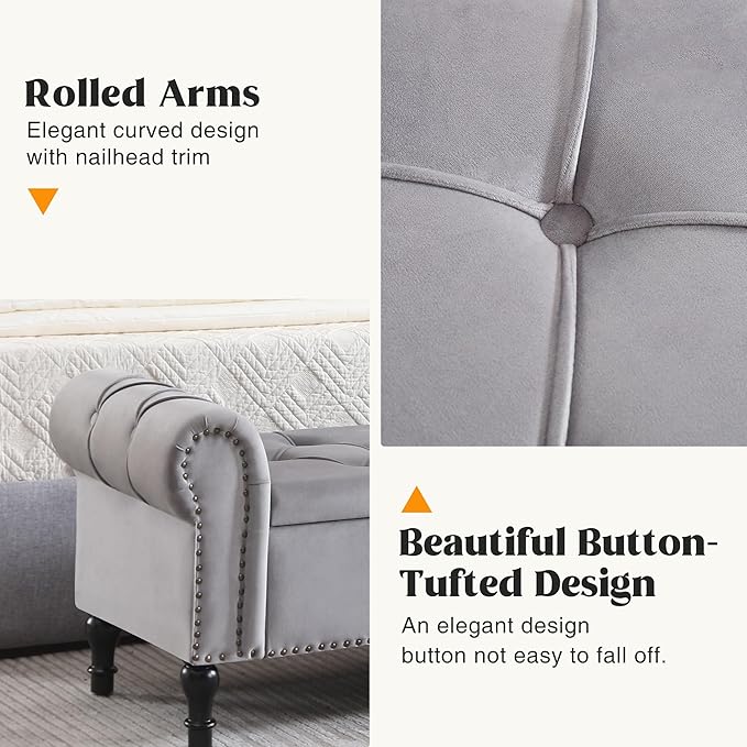 Velvet Storage Bench 67 Inch Upholstered Tufted Ottoman Bench with Arms King Size End of Bed Bench for Bedroom Living Room Entryway Grey
