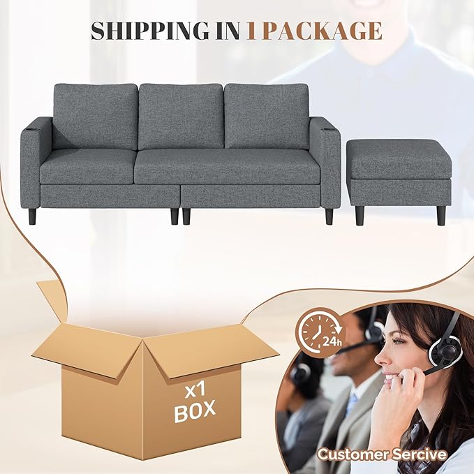Upholstered Sectional Sofa and Couches, 78'' L Shaped 3-seat Sofa forLiving Room, Apartment, Lounge,Bedroom-Washable Covers Convertible Sofas(Linen Fabric,Dark Gary)