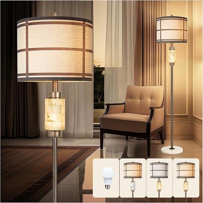 Natural Alabaster Floor Lamp, Lamps for Bedroom, Tall Lamp with Night Light, Marble Base, Linen Shade,Living Room Lamp, Standing Lamp for Living Room Bedroom Office - Brown (Bulb Included)