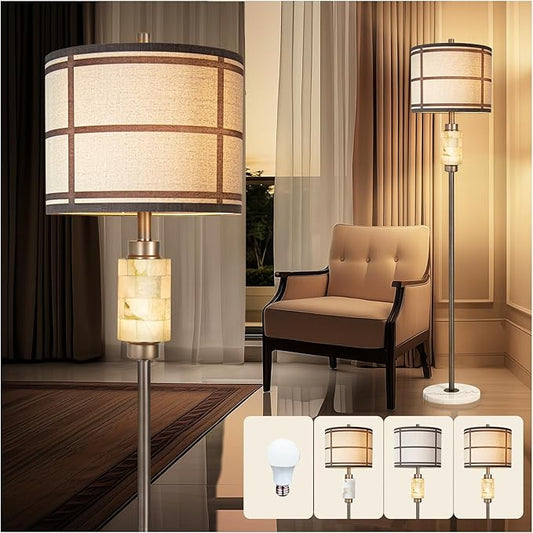 Natural Alabaster Floor Lamp, Lamps for Bedroom, Tall Lamp with Night Light, Marble Base, Linen Shade,Living Room Lamp, Standing Lamp for Living Room Bedroom Office - Brown (Bulb Included)