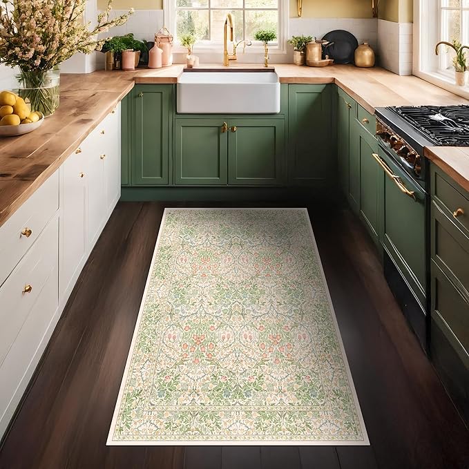 Washable Neutral Floral Living Room Rug, 3x5 Area Rugs for Bedroom, Nursery, Kitchen, Large Entryway, Vintage Non-Slip Throw Rug Low Pile Stain Resistant (3x5 Garden Green)