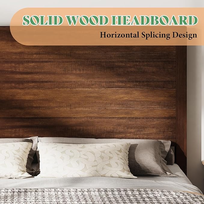 AMERLIFE King Size 51.2" Wood Bed Frame, Rustic Platform Bed with Spliced Headboard, Wood Slats Support/Noiseless/Reclaimed Barnwood//No Box Spring Needed