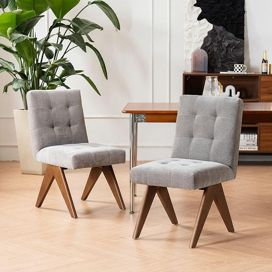 Rowill Modern Upholstered Dining Chairs Parsons Chair Linen Fabric Kitchen Chairs Tufted Armless Dining Room Chairs with Wood Legs Set of 2, Light Grey