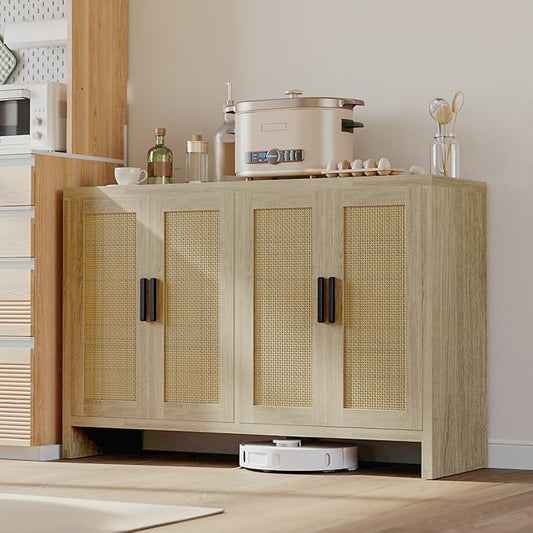 Mericonia Rattan Buffet Cabinet with Storage, Sideboard with Doors, TV Stand, Farmhouse Side Board Coffee Bar, Modern Wood Storage Cabinets for Livingroom, Kitchen and Dining Room (Oak)