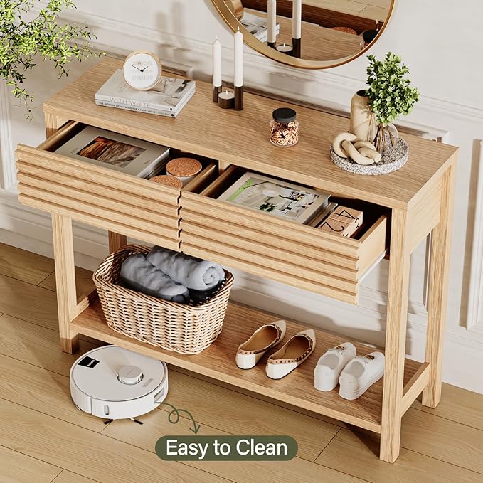 EAG 40" Fluted Console Table with 2 Drawers, Modern Wood 2 Tier Entryway Table with Storage Shelf, Narrow Sofa Tables Behind Couch for Entrance Foyer, Hallway, Living Room, Natural