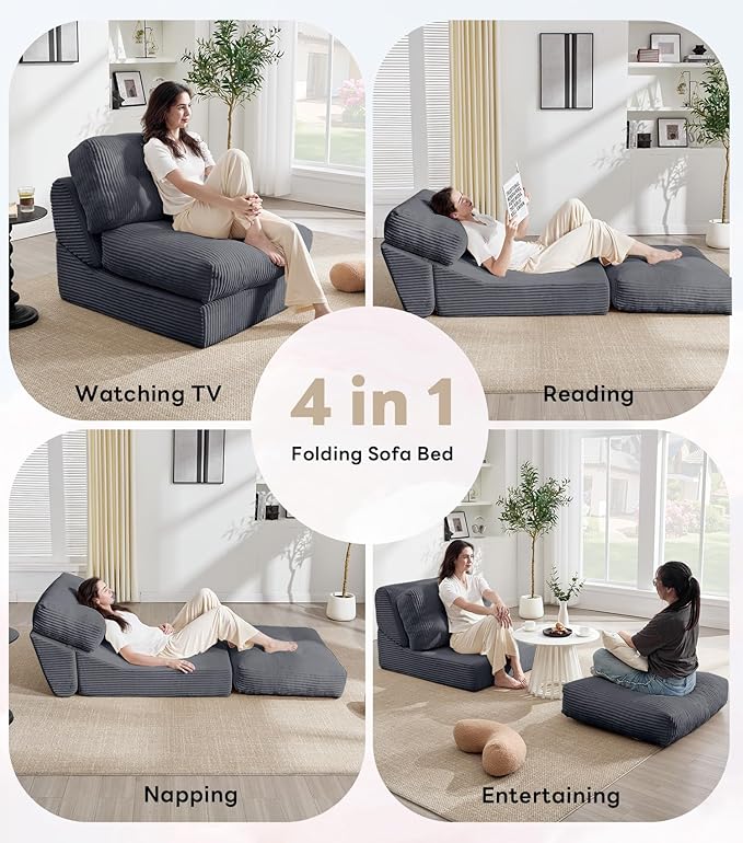 Tbfit 35.8‘’ Oversized Folding Sofa Bed, Convertible Sleeper Chair with Adjustable Back, Corduroy Folding Couch Bed, Portable & Foldable Boneless Floor Sofa for Living Room, Bedroom, Dark Grey