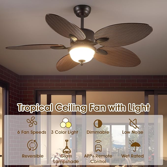 50 Inch Tropical Ceiling Fans with Lights and Remote/APP Control, Outdoor Waterproof Palm Leaf Ceiling Fan for Patios Porches, Wet Rated, Glass Lampshade, 6 Speeds, Quiet, Brown