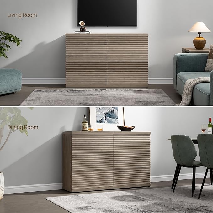 SICOTAS Buffet Cabinet with Storage, Modern Accent Sideboard Credenza with 3 Larger Drawers, Fluted Media Console Mid Century Coffee Bar Table for Living Room Kitchen, Grey Alder (4 Pieces)