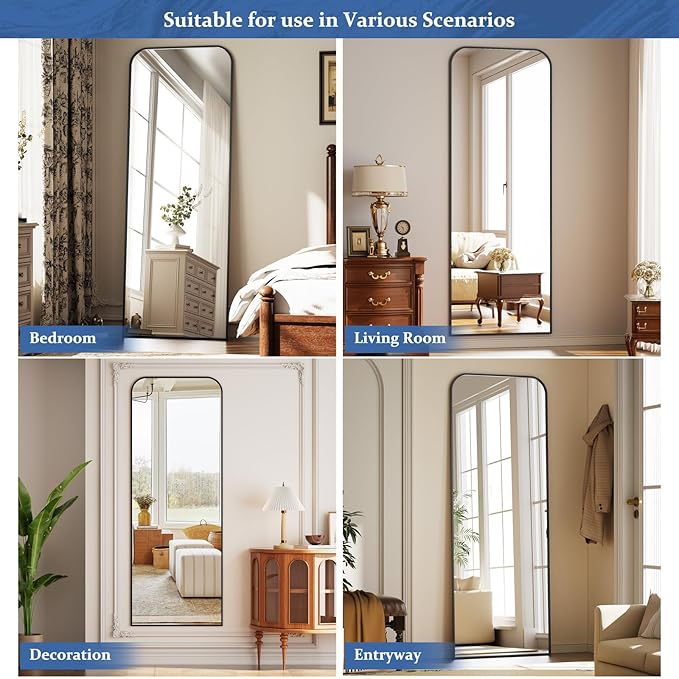 Full Length Mirror 65"x24" Arched Floor Standing Large Mirrors Full Body Mirror with Stand - with Aluminum Frame for Bedroom Living Room, Black