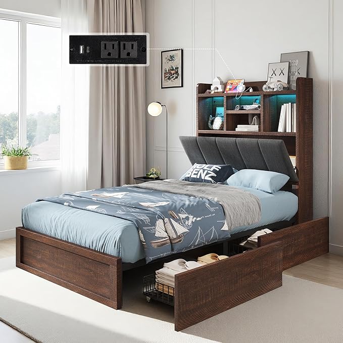 Twin Farmhouse Bed Frame with Bookcase Headboard and 4 Drawers, LED Storage Bed with Charging Station & Linen Upholstered, No Box Spring Needed, Reclaimed Barnwood