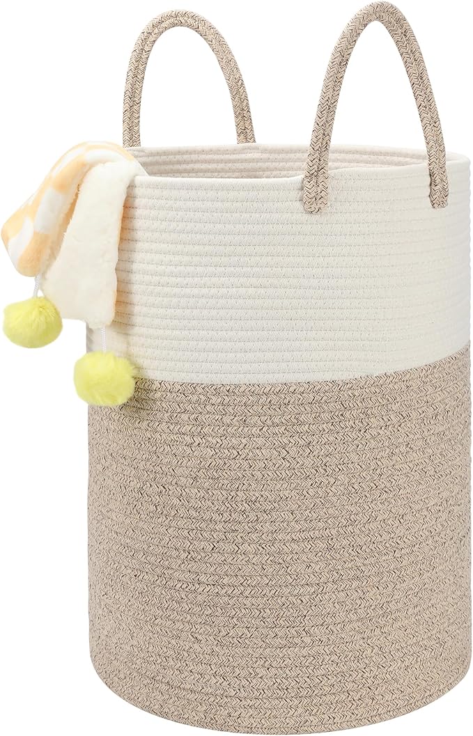 58L Cotton Rope Laundry Basket (20"x15"), Woven Storage Basket for Laundry, Living Room, Nursery, Bedroom, Blankets (White/Brow)