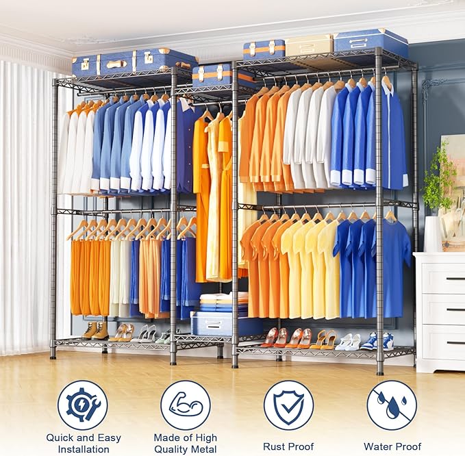 Ulif E12 Clothes Rack，Heavy Duty Freestanding Garment Rack with Shelves，Metal Clothing Closet Storage System for Hanging Clothes，71" W x 16" D x 76.5" H, Hold 960 lbs，Grey