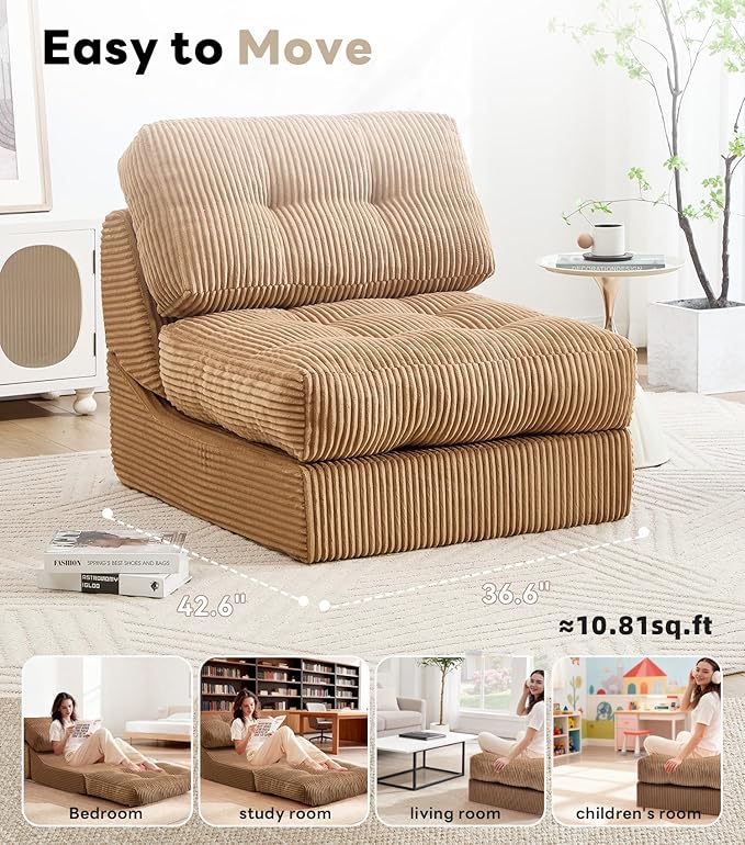 Tbfit Folding Sofa Bed, Convertible Sleeper Chair with Large Pillow, Corduroy Folding Couch Bed, Portable & Foldable Mattress Boneless Floor Sofa for Living Room, Bedroom, Office, Brown, Single