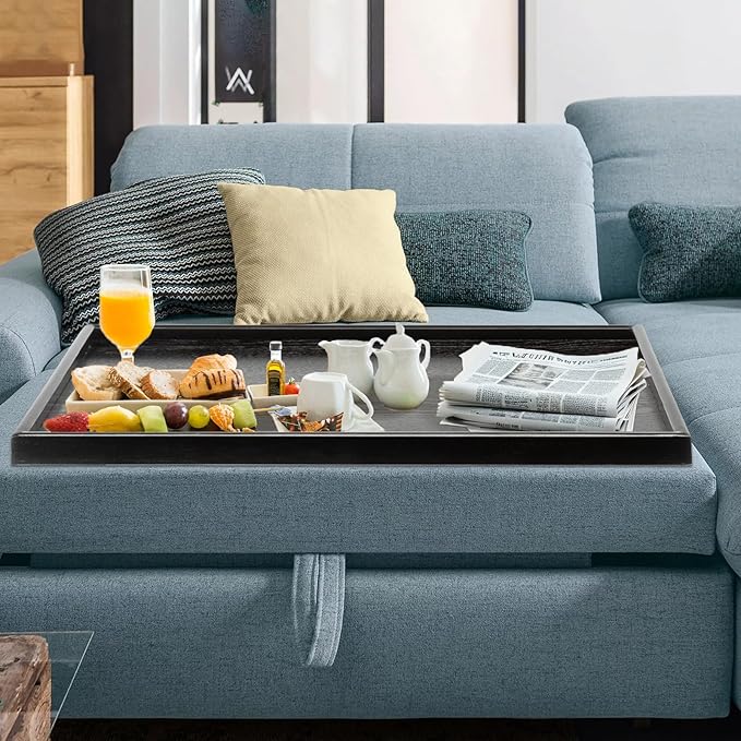 40 x 24 Inches Extra Large Solid Wood Serving Tray for Tea Coffee Table Snack Food Meals Serving Plate Kitchen Party Bar Breakfast Server with Raised Edges Black Wooden Decorative Ottoman Tray