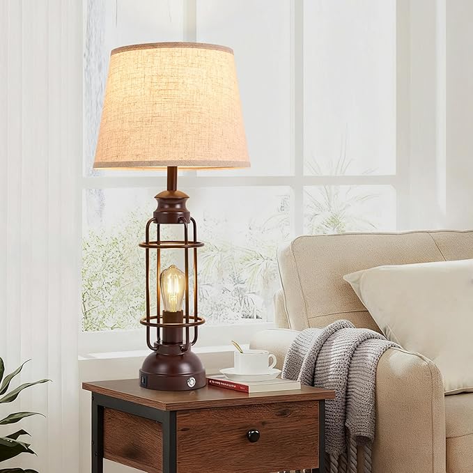 28" Table Lamps for Living Room Set of 2,3 Way Dimmable Touch Lamps with USB A+C Ports,Farmhouse Table Lamps for Bedroom,Industrial Lamp for Living Room End Tables,4 Bulbs Included
