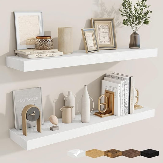 fuqing Floating Shelves for Wall, Wall Mounted Wood Floating Shelf with Invisible Brackets for Living Room, Bathroom, Bedroom, Kitchen Storage and Decor, 36 Inch Set of 2, White