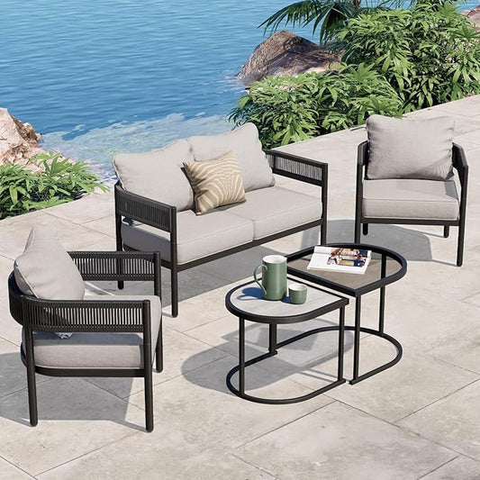 Grand patio 5-Piece Outdoor Furniture Set, 4 Seats Wicker Sofa Conversation Set with Thick Cushions and Coffee Table, for Backyard, Balcony, Garden (Beige)
