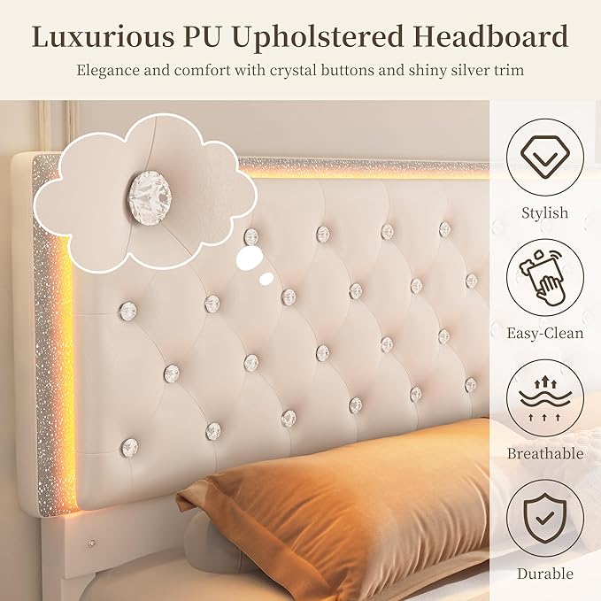 Queen Led Bed Frame with 2 Drawers, Modern Storage Platform Queen Size Upholstered Bed with Crystal Button Tufted Headboard, Solid Slats Support, Noise Free, No Box Spring Needed, PU White
