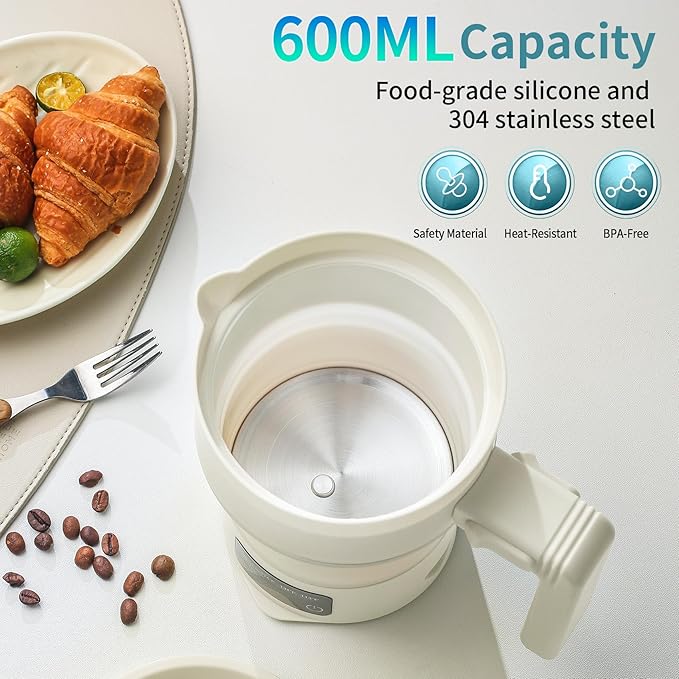 Travel Electric Kettle-Collapsible Portable Electric Kettle, 600W Foldable Small Water Boiler with 4-Temp Presets, Food Grade Silicone for Hotel, Office, Camping (Beige, 600mL)