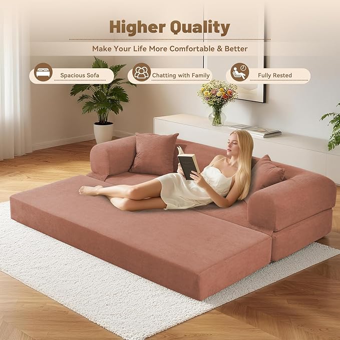 Convertible Folding Sofa Bed,80" Pull Out Couch with Pillows & Storage Pocket,Modular Futon Bed Corduroy Queen Sleeper Sofa in a Box,Compression Boneless Couch for Living Room,Pink