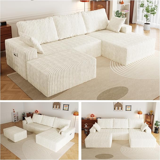 108" U Shaped Sectional Couch with Ottoman, Corduroy Modular Sectional Sofa with Deep Seat, Modern Modular L-Shape Sofa Couch with Chaise,Upholstered Boneless Couches for Living Room Bedroom