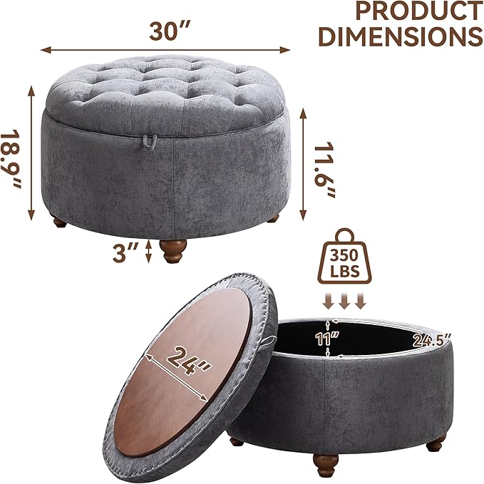 30Inch Round Storage Ottoman with Tray, Modern Tufted Circle Coffee Table with Storage, Upholstered Ottoman with Removable Top for Living Room, Bedroom, Chenille Blue