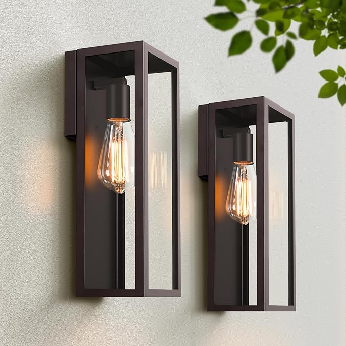 2-Pack Outdoor Wall Lanterns, 13'' Exterior Waterproof Wall Sconce with Clear Glass Shades, Oil Rubbed Bronze Porch Lights, Anti-Rust E26 Outdoor Lights for Outside Patio Garage Front Door House