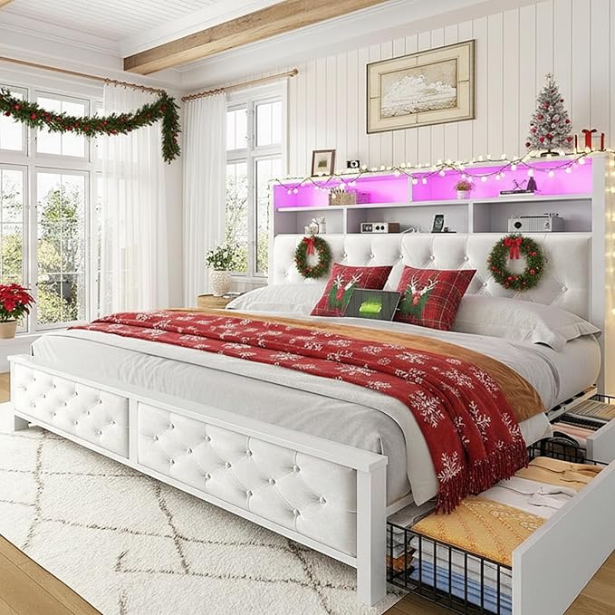 EnHomee King Size Bed Frame with 4 Drawers and Upholstered Storage Headboard,Wooden King Bed Frame with Charging Station and LED Lights,NO Noise,No Box Spring Needed,Beige