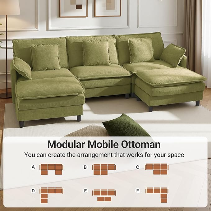 Claiks 110" Modular Sectional Sofa, Cloud Couch with Ottoman, U-Shaped 5-Seater Sofa in Chenille Fabric, Deep Seat Comfy Couch with Pillows for Living Room & Offices, Green