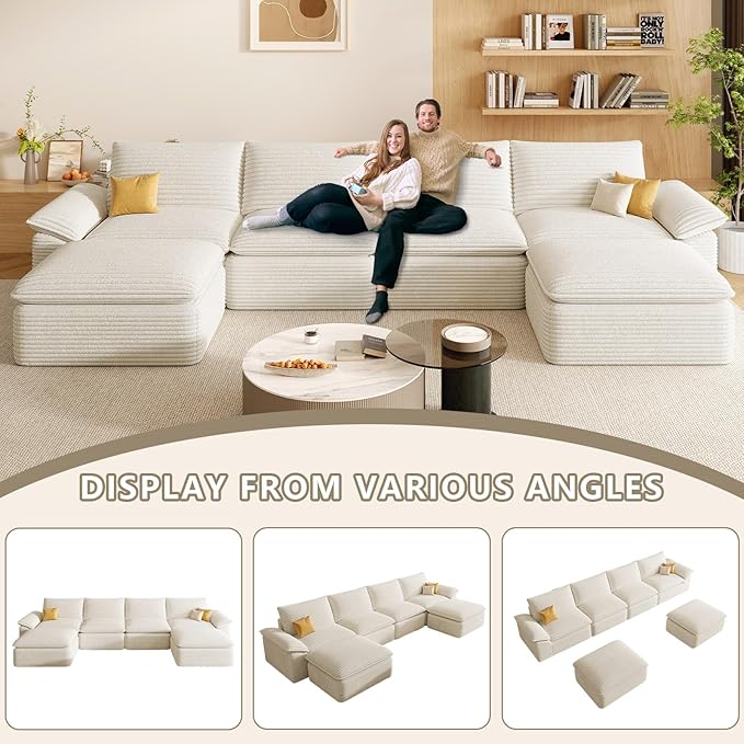 142" Cloud Sectional Couch with U-Shaped Chaise, Corduroy Sectional Sofa with Ottoman, Boneless Couch with Deep Seat in a Box for Living Room, No Assembly Required (White)