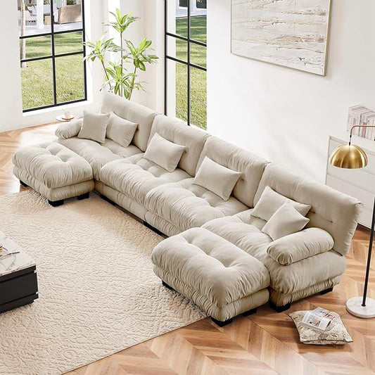 173.2" Oversized Couch, 4 Seater Modular Sectional Sofa, Beige Large U Shaped Sectional Fluffy Couch Set, Chenille Cloud Couches with Ottoman, Deep Seat Sofas for Living Room