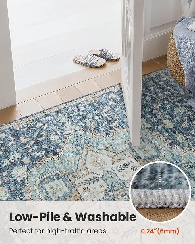 AMADA HOMEFURNISHING 6x9 Area Rugs, Blue Low-Profile Washable Rug with Non-Slip Backing & Durable Edge Binding, Vintage Rugs for Living Room, Bedroom, Dinning Room