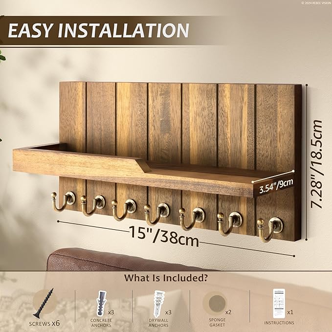 Rebee Vision Key Holder Wall Mount for Home Decor - Key Holder for Wall with Floating Shelf for Hanging Coats & Hats - to Elevate Farmhouse Decor (Acacia Wood, 3.54''×15''×7.28'')