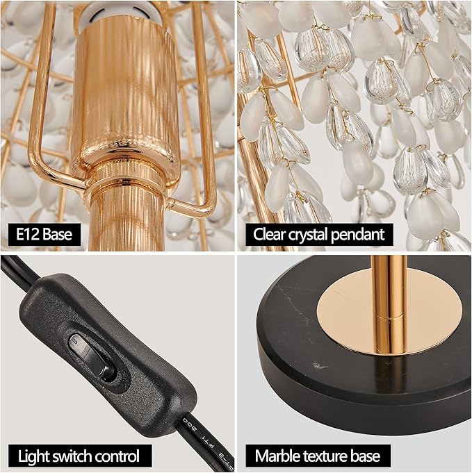 Vintage Style Floor Standing Lamp, Waterfall Design with Grape-Shaped Tall Gold Pole Light, Modern Dimmable Crystals Standing Lamps (Table Lamp-Gold+Iron-7)