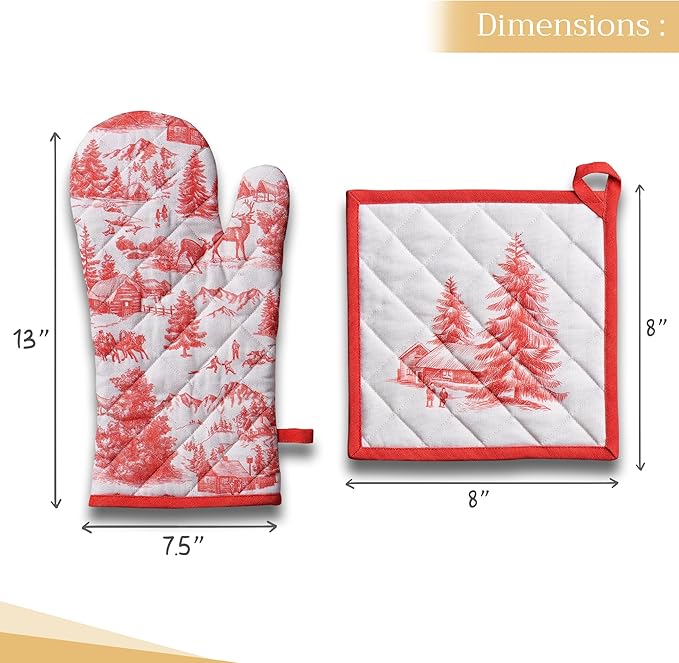 Maison d' Hermine 100% Cotton Oven Mitt & Pot Holder Set (7.5"x13" & 8"x8") Heat Resistant BBQ Cooking Gloves with Loop for Thanksgiving Christmas Decorations Handling Hot Pans (Winter Jouy)