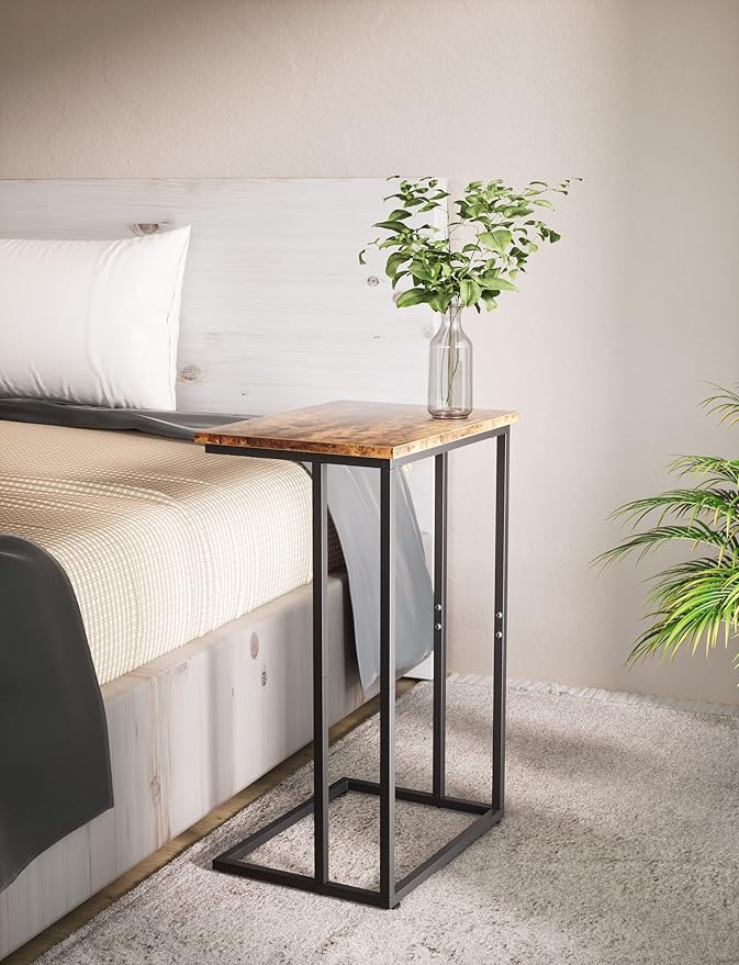Innerjoin Wide C Side Table,C Couch Laptop Table with Metal Frames, Small Snack End Table for Sofa and Bed, Retro Laptop C Side Table, Living Room and Bedroom, Industrial Style, Rustic Brown