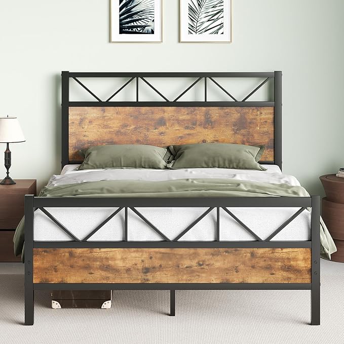 Queen Size Frame with 51.2" Tall Headboard, Platform Bed Frame with Metal Support, Solid and Stable, Noise Free, No Box Spring Needed, Rustic Brown