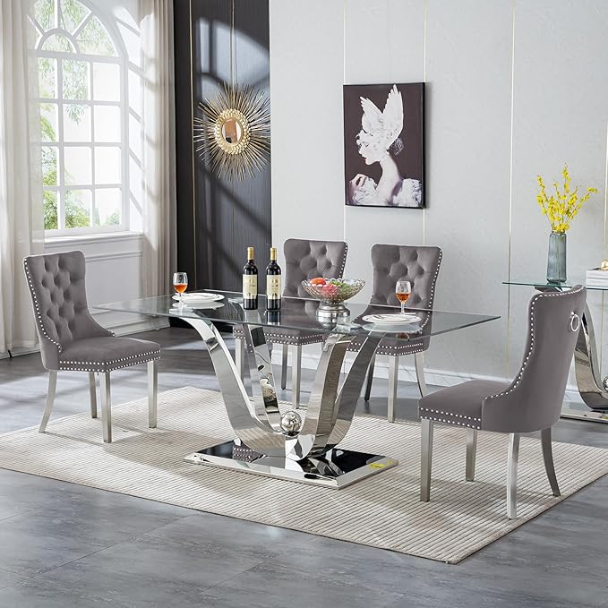 70" Modern Silver Glass Dining Table Set for 4, 5-Piece Rectangle Kitchen Dining Room Table Set with Steel Base & 4 Grey Velvet Upholstered Chairs, Modern Glass Kitchen Table and Chairs Set of 4