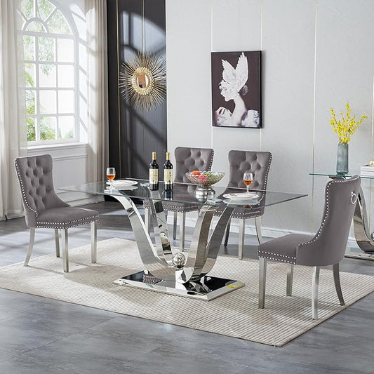 70" Modern Silver Glass Dining Table Set for 4, 5-Piece Rectangle Kitchen Dining Room Table Set with Steel Base & 4 Grey Velvet Upholstered Chairs, Modern Glass Kitchen Table and Chairs Set of 4