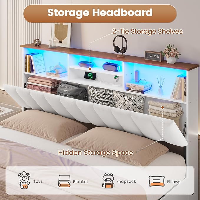 AOGLLATI King Size Bed Frame with 4 Storage Drawers, White King Bed Frame Wood with Charging Station (Type-C and USB), Led Light and Hidden Bookcase Headboard, White