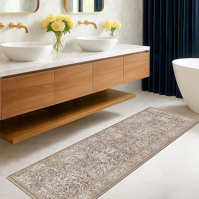 Non Slip 2x7 Moss Green Hallway Runner - Long Runner Rugs for Bathroom, Washable Kitchen Floor Mat, Bedroom Bedside - Brown Earthy Vintage Floral Décor