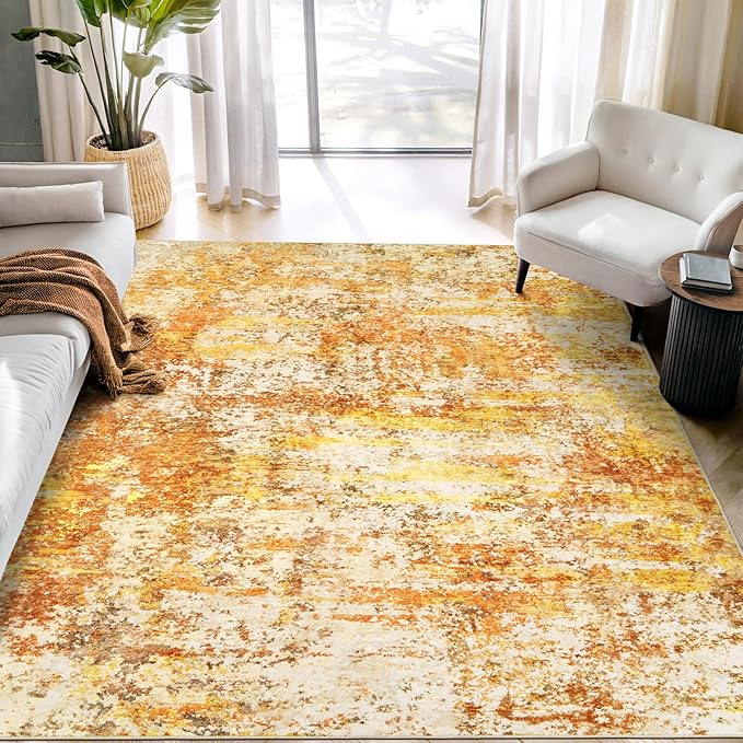Washable Area Rugs for Living Room - 6x9 Abstract Modern Rug Neutral Soft Rug Stain Resistant Non-Shedding No Slip Low Pile Large Carpet for Bedroom Dining Room Nursery Home Office - Orange/Gold