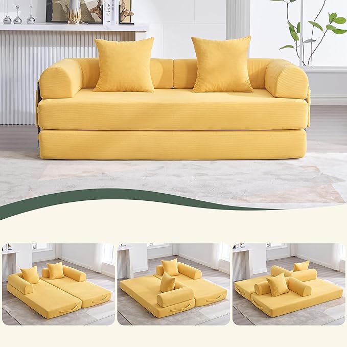 Convertible Sleeper Sofa Bed, Folding Floor Sofa Bed with Fixed-Shape Frame, Corduroy Floor Sleeper Sofa with Storage Pocket, Futon Boneless Sofa Couch for Living Room, Yellow