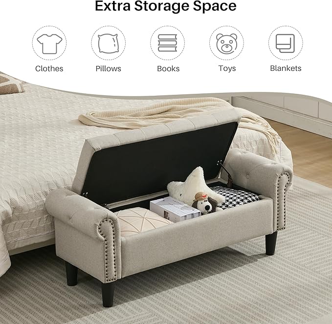 Storage Bench, 50" Queen End of Bed Bench, Linen Tufted Button Upholstered Bedroom Bench, Storage Ottoman with Rolled Arms, Window Bench with Storage, for Living Room, Entryway Light Brown