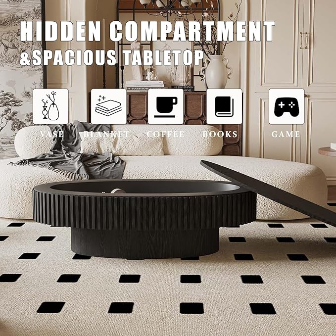 47.2" Oval Coffee Table with Storage, Fluted Coffee Table with Solid Wood Veneered, Mid Century Modern Wooden Center Table, Accent Tea Table for Living Room Apartment, Black